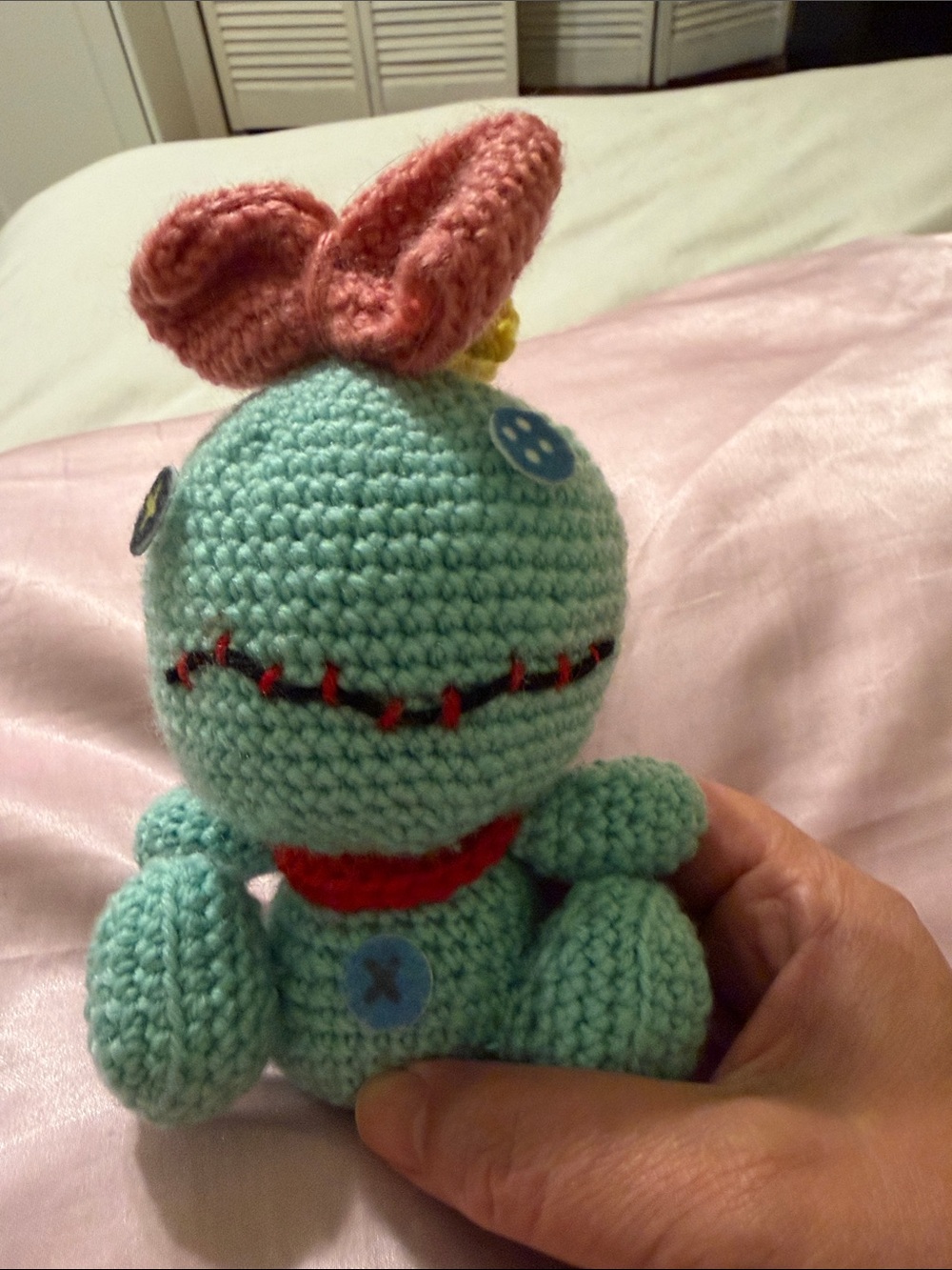 Handmade Mint Green Crochet Plush with Pink Bow - Kids Stuffed Toy